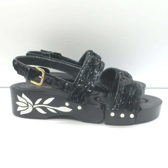 Chanel 16C Sequin Slingback Sandals Black Size 38.5 - Picture 3 of 12